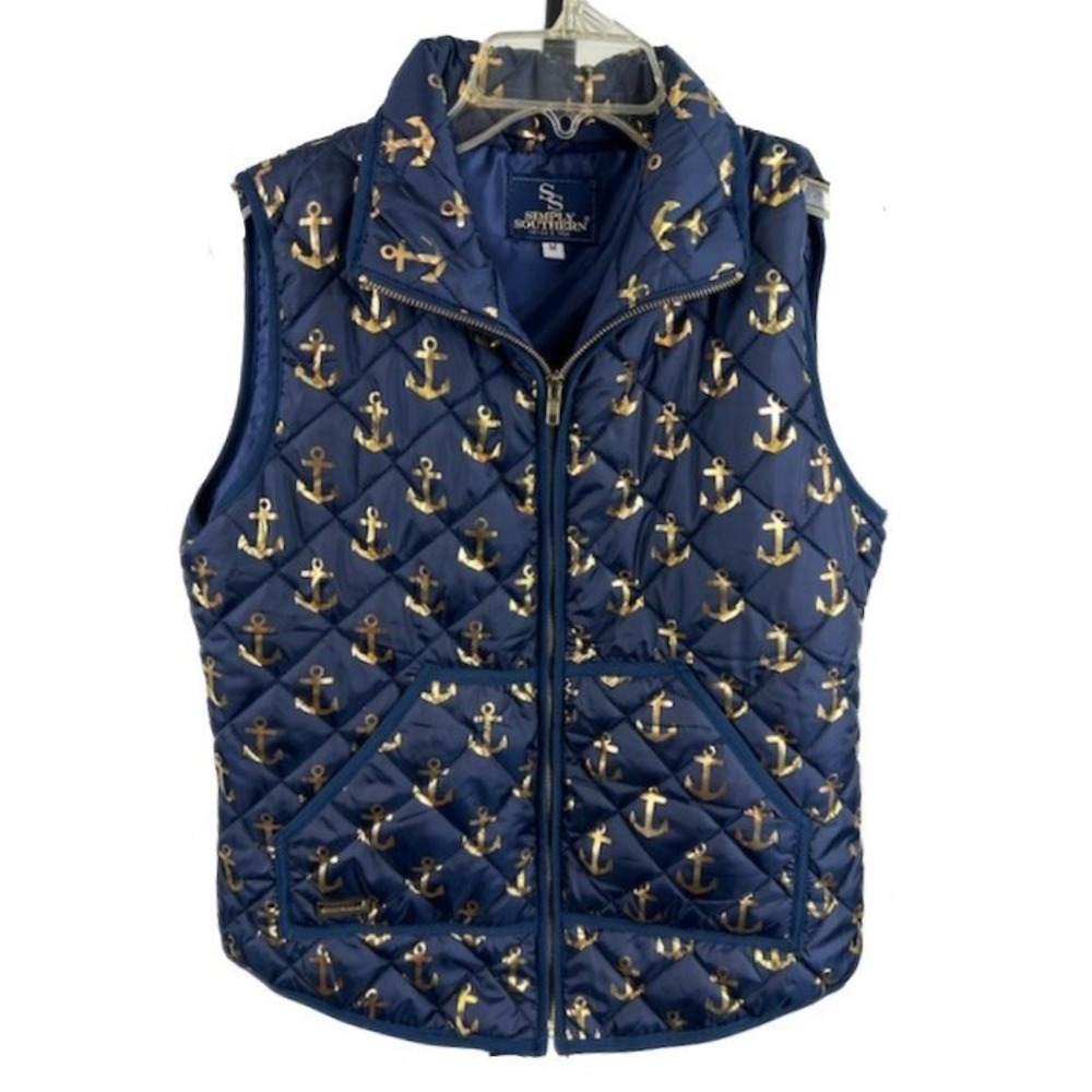Simply Southern Nautical Vest Navy Blue Quilted Puffer Women's Size Medium